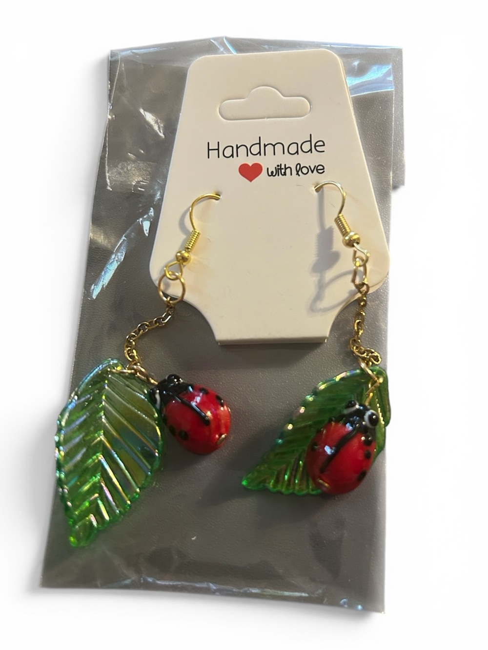 Handmade Ladybug & Leaf Dangle Earrings - Red and Green